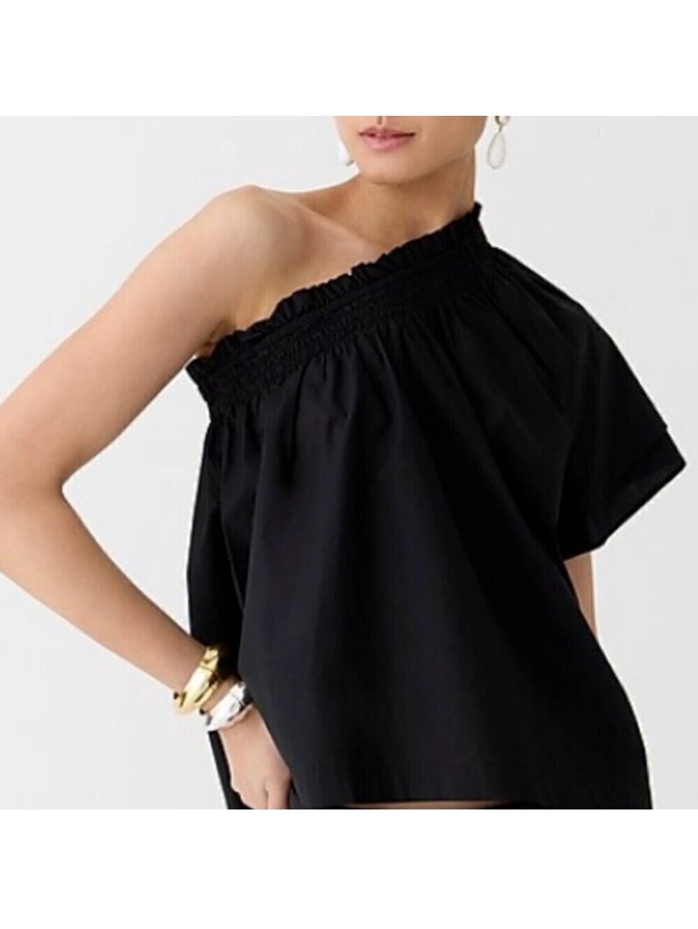 J Crew Smocked One Shoulder Top Poplin Cotton Black Small Classic Summer Light